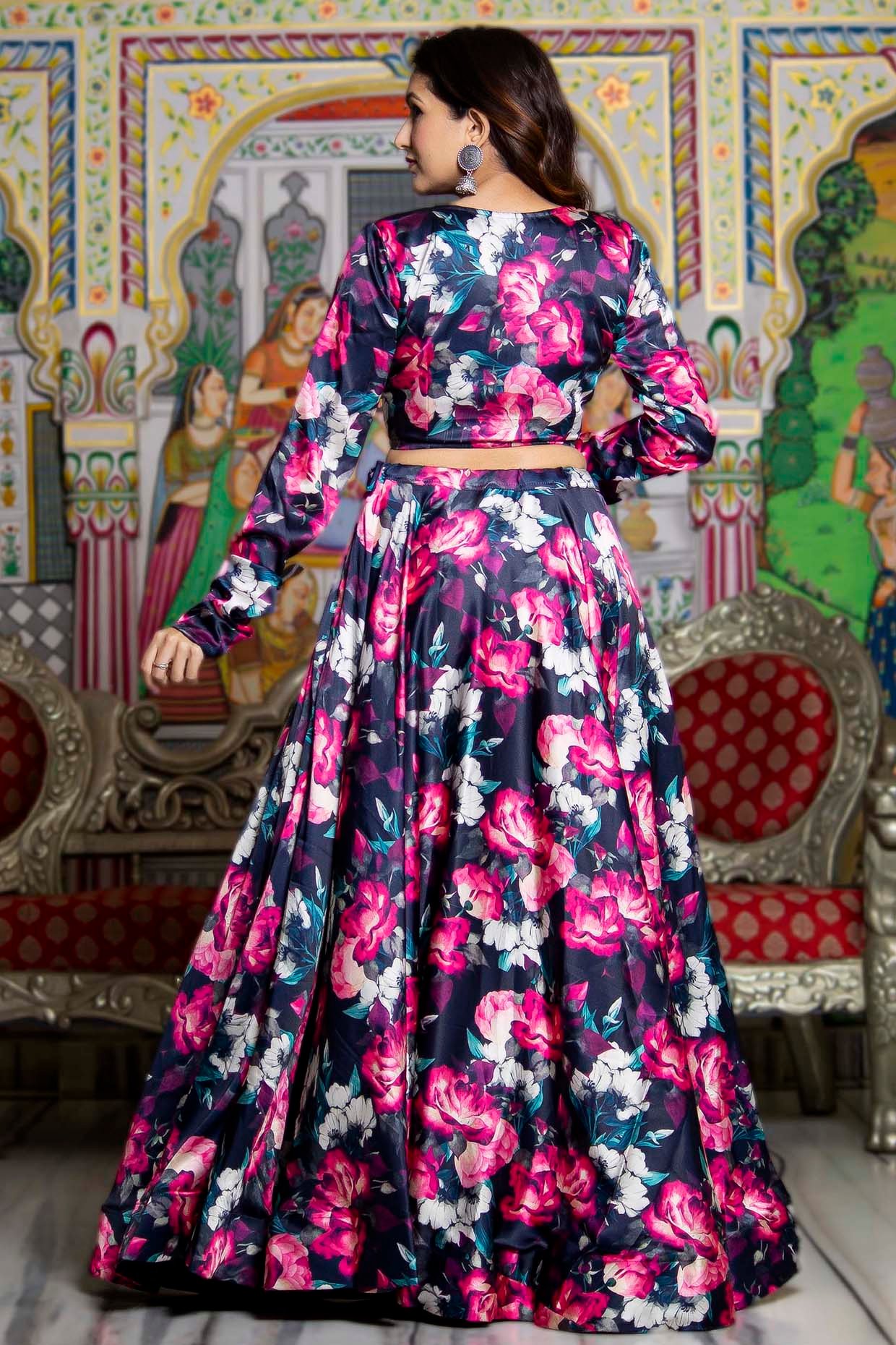 Black Satin Floral Printed Flared Lehenga Set - Image 3