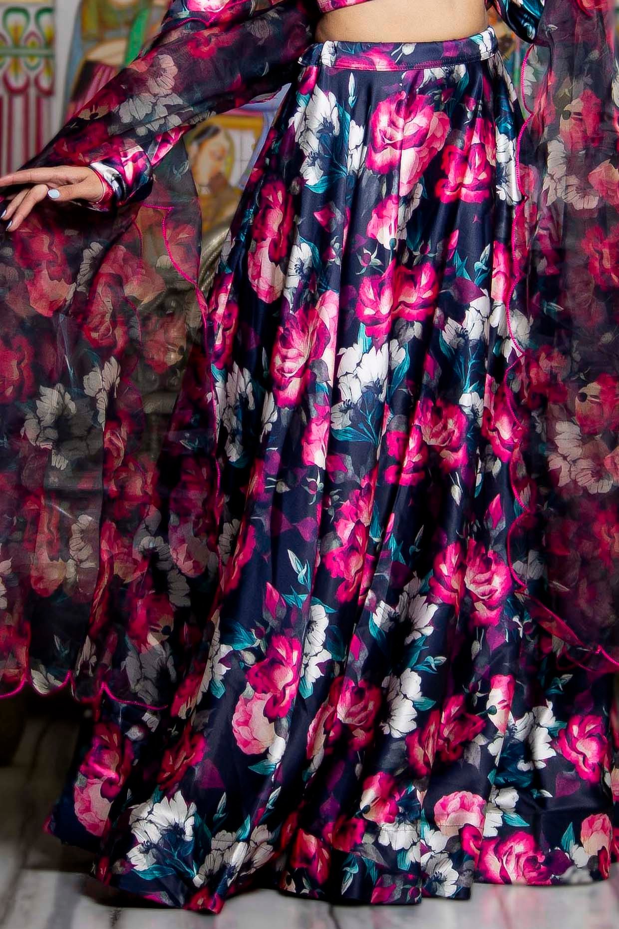 Black Satin Floral Printed Flared Lehenga Set - Image 4