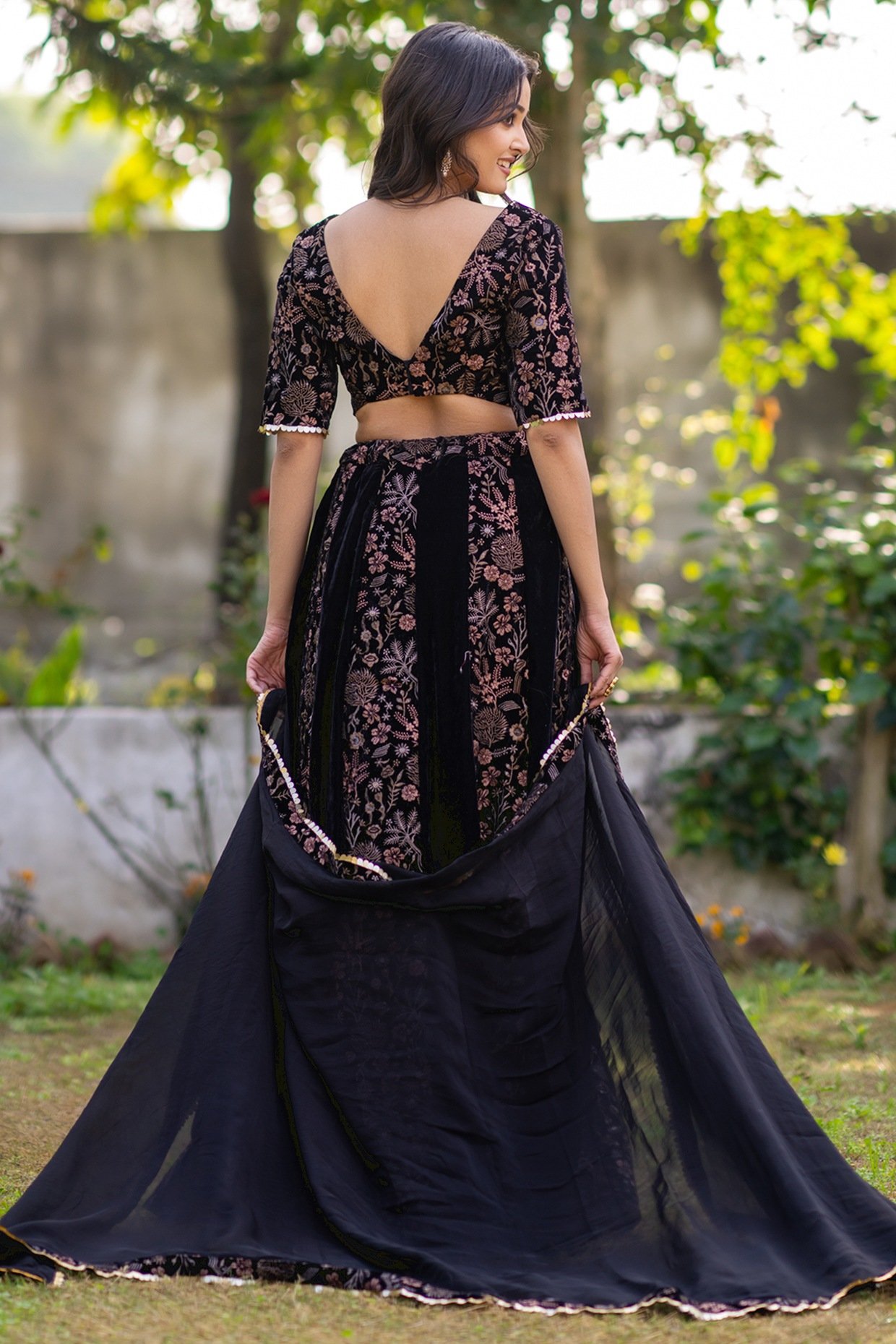 Black Velvet Sequins Embroidered Lehenga Set - Image 3