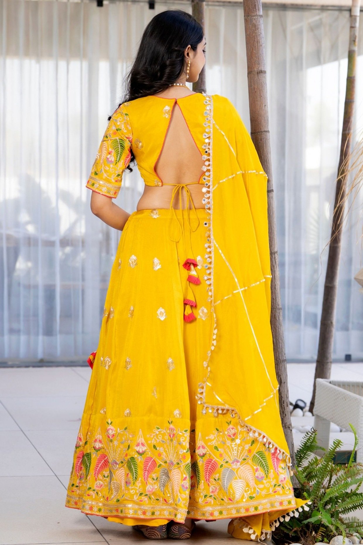 Yellow Tissue Zari & Floral Embroidered Lehenga Set - Image 3