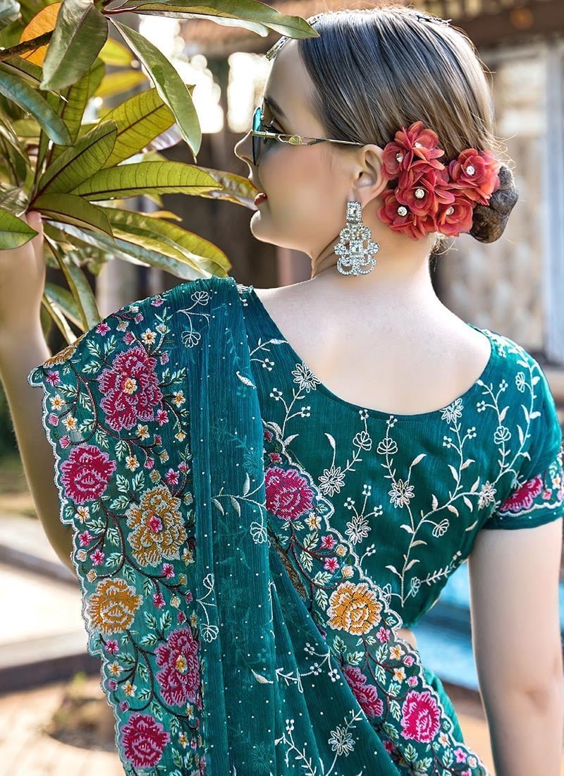 Floral Embroidered Sequins Stone Embossed Saree Festive Wear - Image 2
