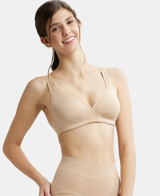 Wire free Non Padded Soft Touch Microfiber Elastane Stretch Full Coverage Everyday Bra with Stylized Mesh Panel - Image 3