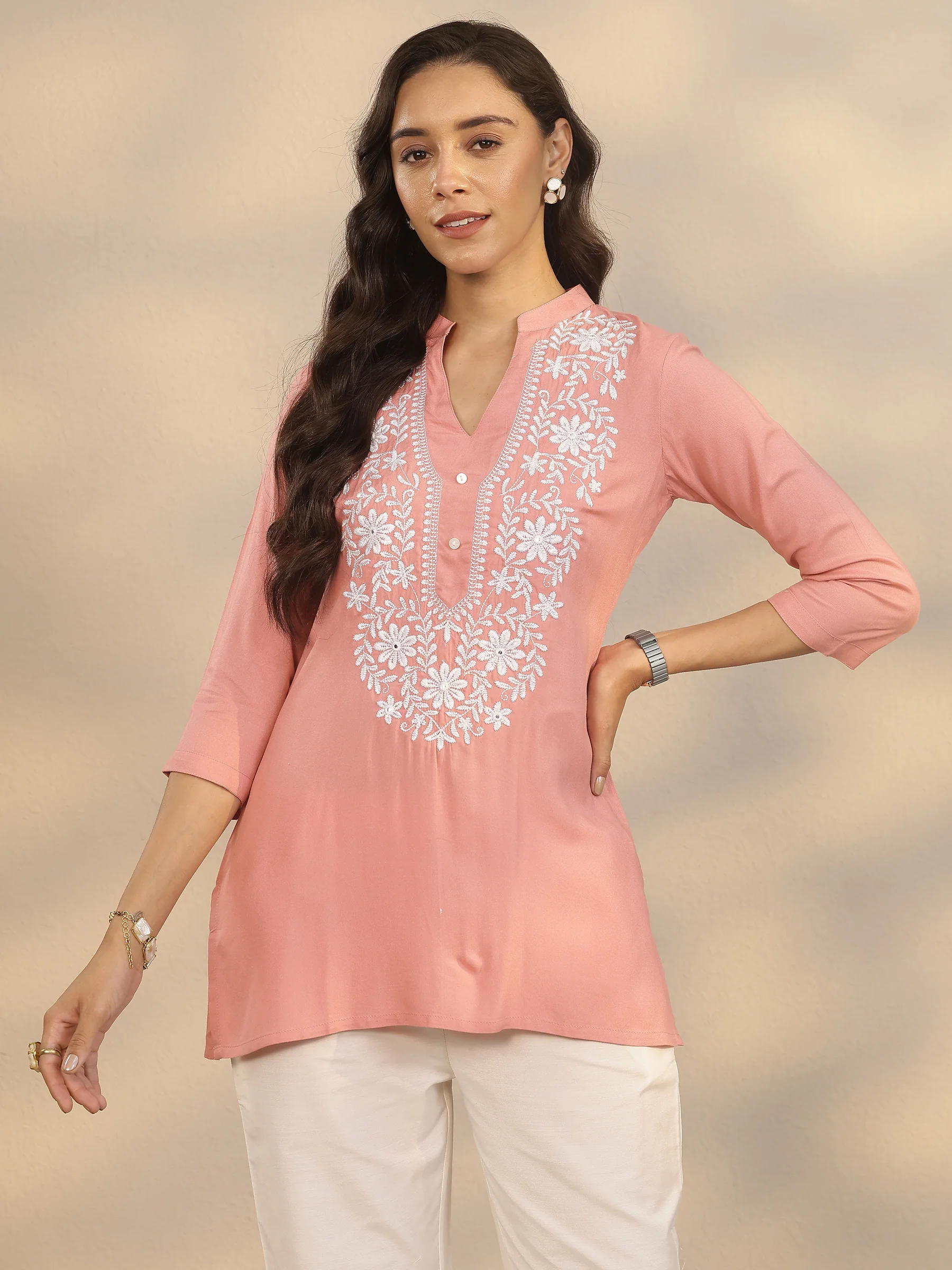 Mandarin Collar Yoke Design Rayon Straight Short Kurti - Image 2
