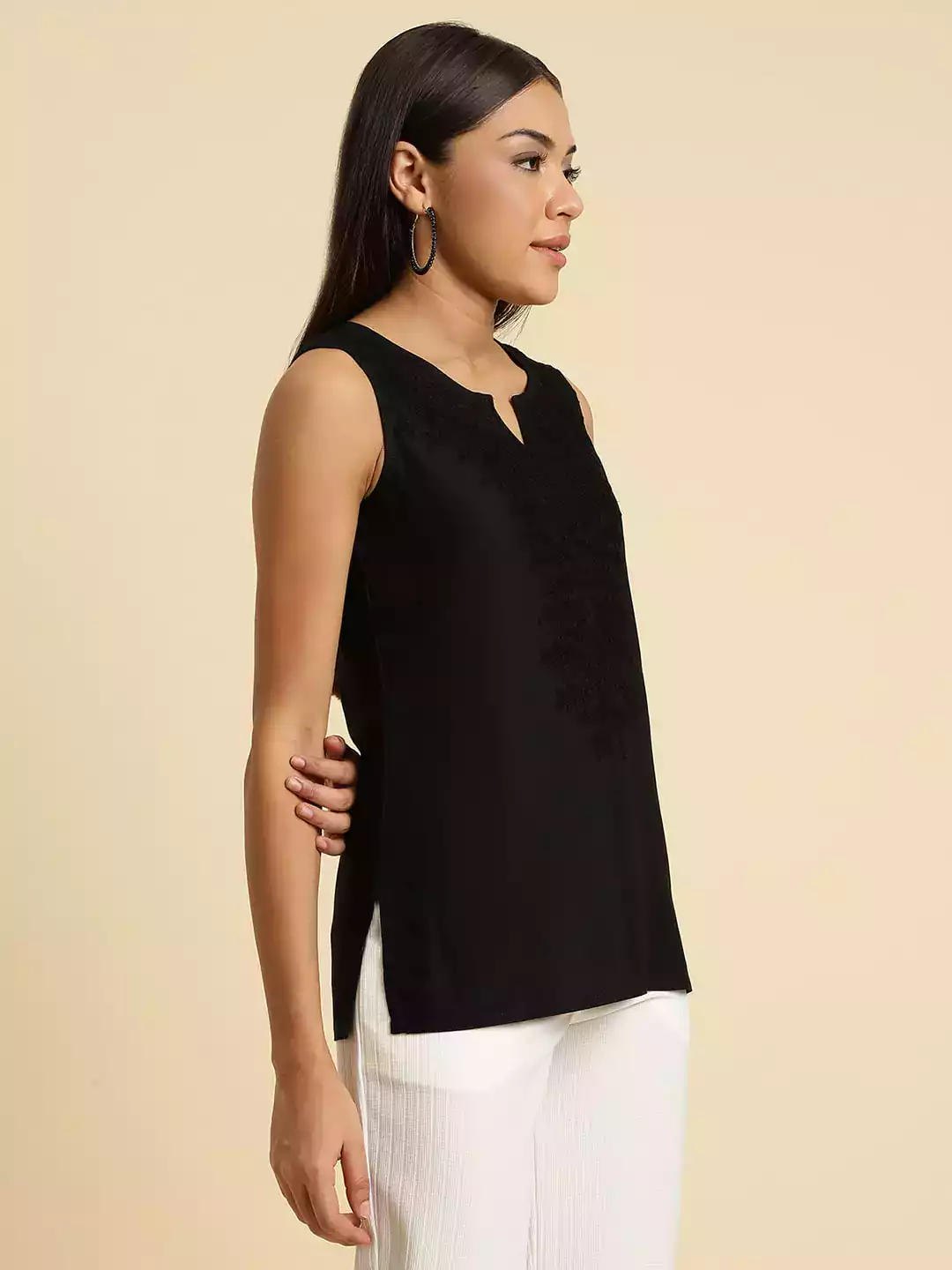 Black Self-Embroidered Sleeveless Short Kurti - Image 2